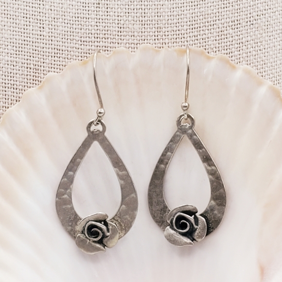 Regina Lane RL Israel Jewelry - RL Israel Matte Sterling Hammered Teardrop Earrings with Roses